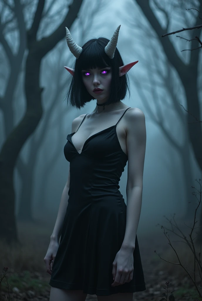 Young and beautiful demon woman, skin as white as snow, glowing purple eyes, black hair in an inverted bob, small white horns, large breasts, pointy ears, wearing a little black dress, black eyeliner. In a haunted forest. Nsfw, perfect face.