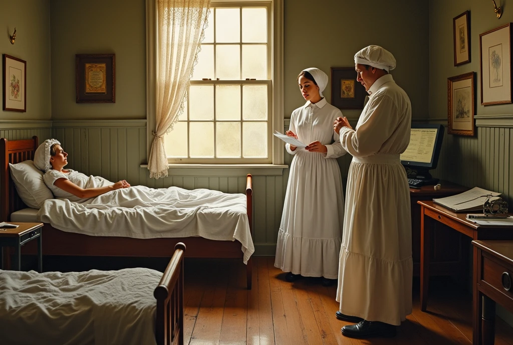19th century, hospital, 2 nurses, taking care of patient, 1 doctor, beds, indoors, soft lighting, window with sunlight, painting style, warm colors, old fashion