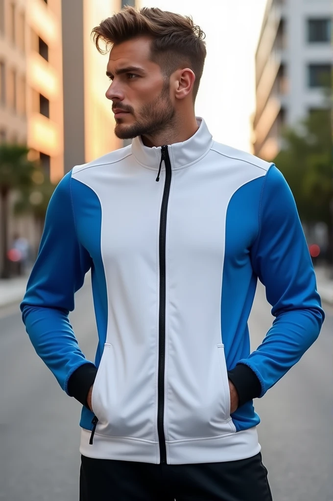 Create a mock neck zip puller man's jacket, base white , side panels blue and down panel, zip binding, back sleeve half down panel are blue, sleeve cuff 2 inch black wearing by a man
