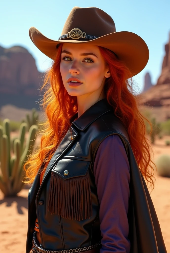 Drawing of a young woman in cowboy style, De pele clara, with long, curly tomato red hair, honey-colored yellow eyes, wearing a luxurious brown leather hat with a gold horseshoe buckle decoration, and a black and purple leather coat with fringed pockets in a cowboy style