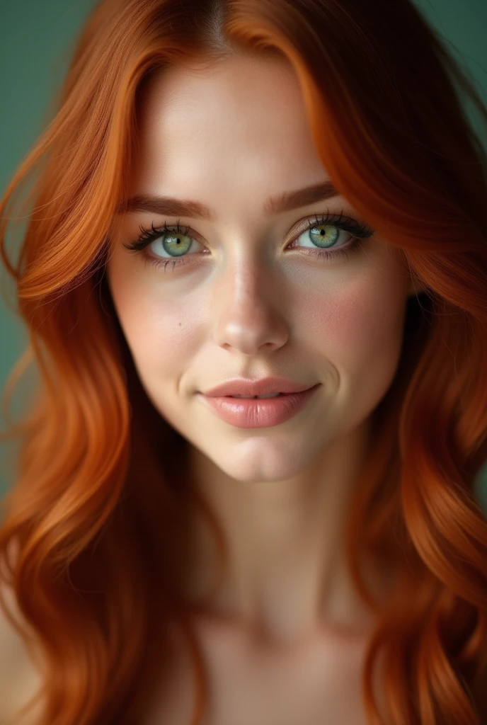 Imagine a woman with a face that exudes a striking and captivating beauty. Her eyes are a vivid, enchanting green, like emeralds glistening in the sunlight, with a depth that draws you in. They are framed by long, dark lashes that accentuate their brilliance. Her skin is dark , with a soft, flawless complexion that gives her an ethereal, almost delicate appearance. Her hair is a rich, fiery red, cascading down in soft, loose waves that catch the light and seem to shimmer with every movement. The red tones contrast beautifully with her fair skin and make her green eyes stand out even more. Her eyebrows are perfectly arched, matching the hue of her hair, and add a sense of balance and symmetry to her face. Her lips are full and naturally rosy, curving into a gentle, inviting smile that radiates warmth and kindness. Her cheekbones are high and well-defined, adding a sense of structure and elegance to her face. The overall effect is one of stunning, timeless beauty, a face that you would remember and admire long after seeing it.r,