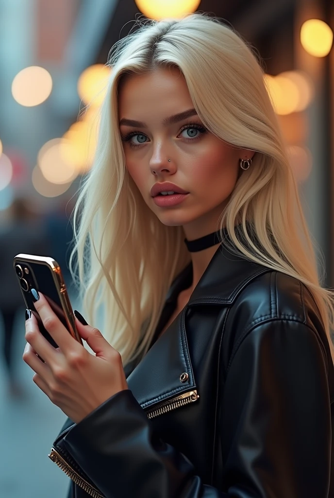 Realistic blonde girl with long black nails holding a phone