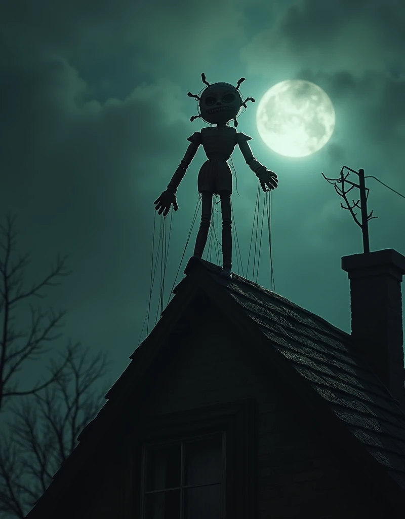 A creepy fairy tale puppet cartoon character Carlson on a dark, shadowy rooftop, (best quality,4k,8k,highres,masterpiece:1.2),ultra-detailed,(realistic,photorealistic,photo-realistic:1.37),HDR,UHD,studio lighting,extremely detailed,vivid colors,eerie atmosphere,dark white tone,gritty and grainy,horror,concept art,by charlie bowett,albert joseph penaud,dariusz zawadzki,tetsuya ishida,zdzislaw beksinski,patrizia piccinini,mark powell,sven 37