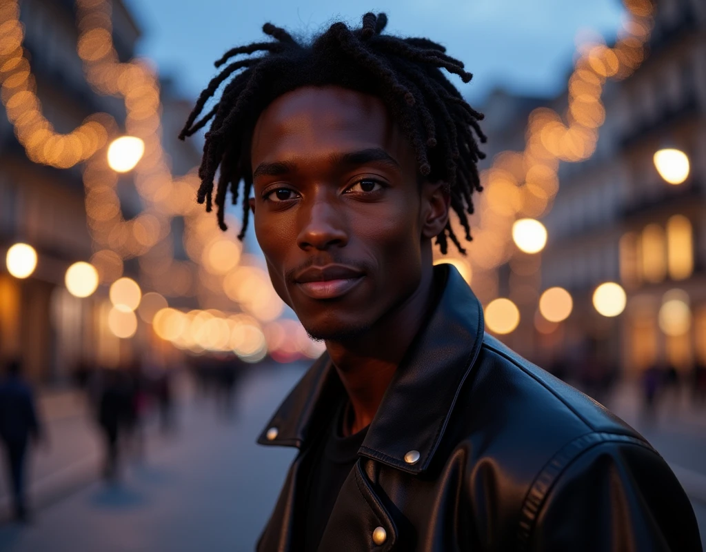 Very tall French-Nubian featured male model, relaxed curled hair style parted to the side hair, toned body, dark skin, vibrant purple eyes, tall thin toned body. Kind expression.