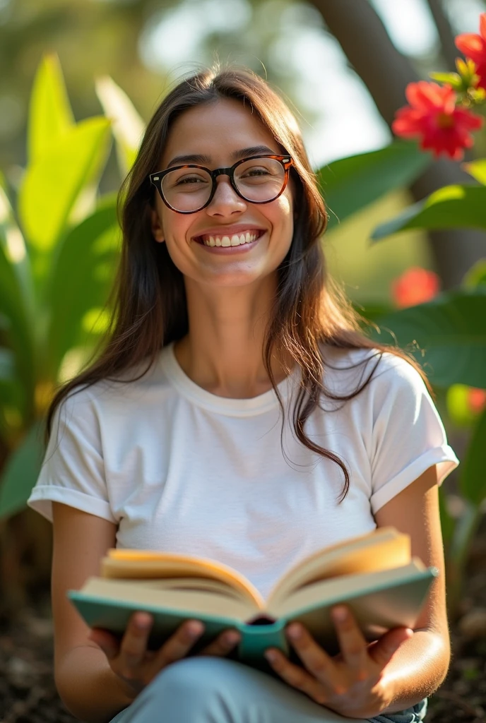 young brazilian woman. with books. Sunny Summer Day. greenery background. holiday weekend. Woman in love with glasses and a white t-shirt. Smiling Outdoor Portrait
