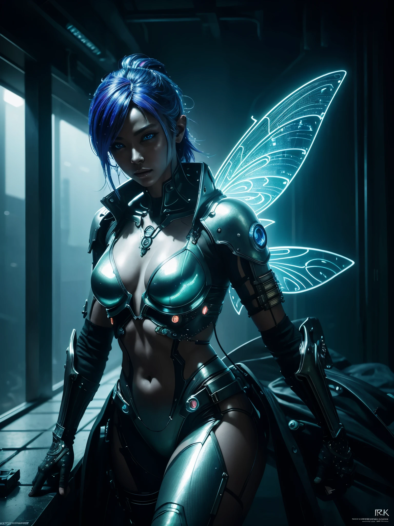 Photo of a cyberpunk fairy, chrome skin,8k, photorealistic, ultra-detailed, high quality, masterpiece, cinematic lighting, intricate details, dramatic pose, atmospheric, dystopian, hyper-realistic, vibrant colors, chiaroscuro, dramatic shadows