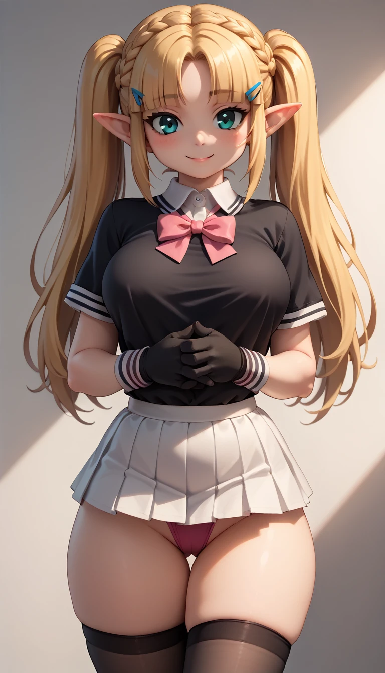 High resolution, Very detailed, perfect lighting, beautiful detailed eyes, ((masterpiece,Best Quality)), absurdities, alone, princess zelda, by the width, crown braid, Hair clip, pointy ears, Gloves without fingers, black gloves, smile, curves, nod, neckline, neckline, black school uniform with white details,short white skirt, visible underwear, pink thong, black uniform, black tight shirt with pink bow, touching her breasts in a sexy way, close up, black fur, close up, pigtails with bangs, pigtails with bangs, touching her breasts in a sexy way, teal eyes, close up, fringe hairstyle, black stockings, pigtails with fringe, neckline, cabello negro