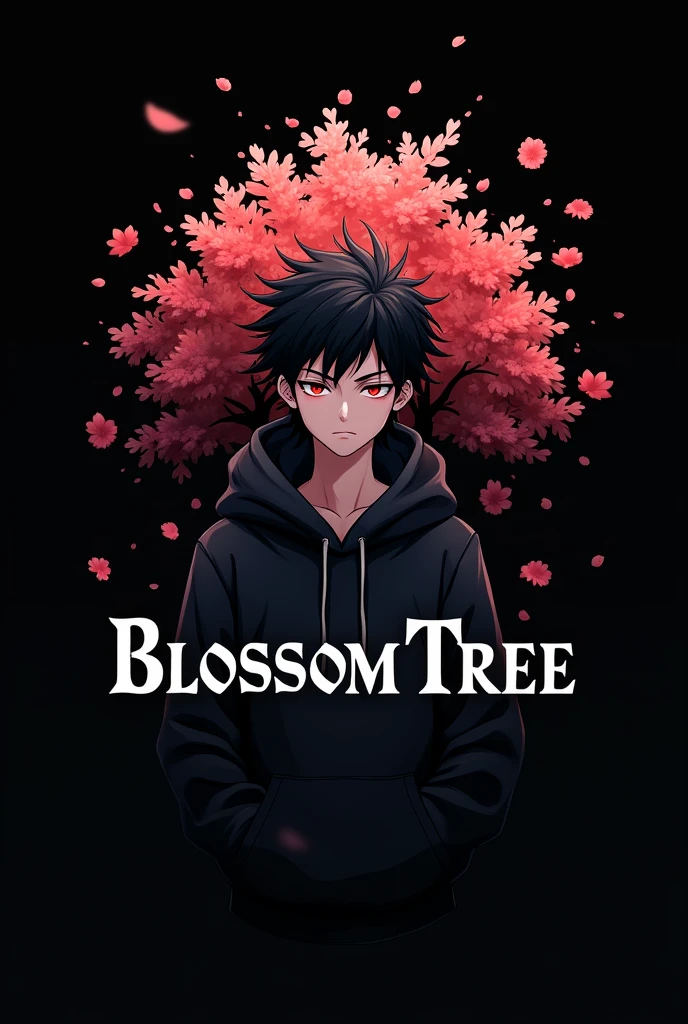 A Written logo for "Blossom tree" , White font , black background , Blood red colour , Anime boy involved , Spiky hair , black hoodie , red eyes , narrowed eye
