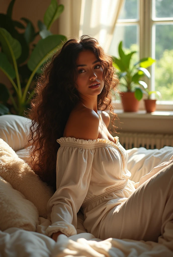 (photorealism:1.2), beautiful woman, sitting on bed, wearing loose off-shoulder top, pajama pants, long curly hair, indoors, soft lighting, plants in background, window with sunlight, cozy room, relaxed pose, realistic, intricate details, warm colors, by Greg Rutkowski, by Alphonse Mucha
