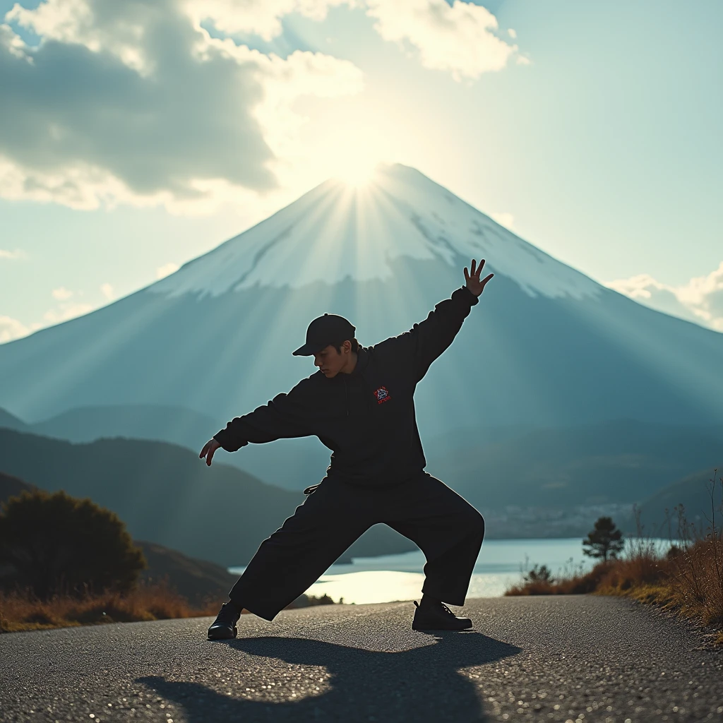 Japanese bboy executing a breakdance freeze in front of Mount Fuji, with the volcano in sharp focus and the background blurred, creating a cinematic atmosphere. The bboy's pose should convey strength and dynamism, contrasting with the serenity of the mountain. dramatic lighting, with sun rays hitting the bboy and Mount Fuji, Enhancing the Scene. Visual Style: アニメ, cinematographic, realisitic.