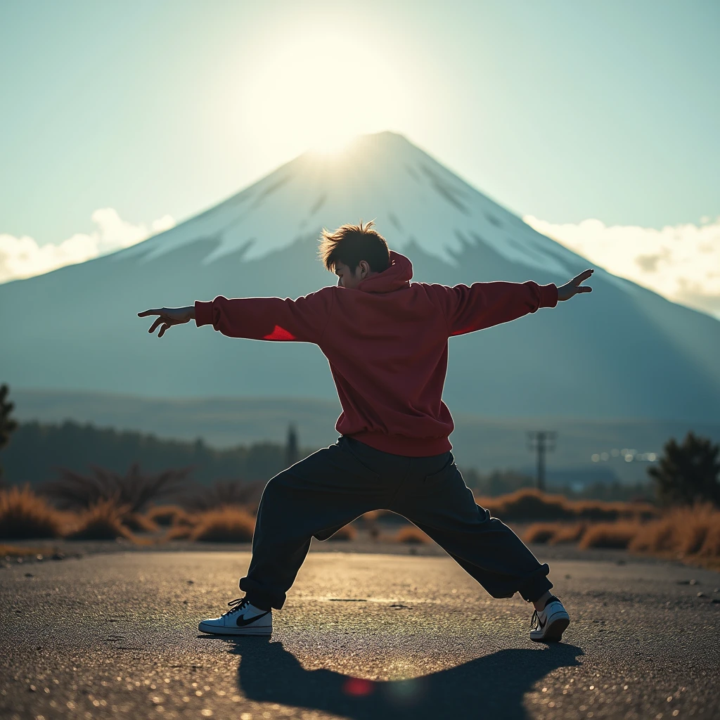 Japanese Bboy dressed in hip hop clothes, performing a breakdance freeze in front of Mount Fuji, with the volcano in sharp focus and the background blurred, creating a cinematic atmosphere. The bboy's pose should convey strength and dynamism, contrasting with the serenity of the mountain. dramatic lighting, with sun rays hitting the bboy and Mount Fuji, Enhancing the Scene. Visual Style: アニメ, cinematographic, realisitic.