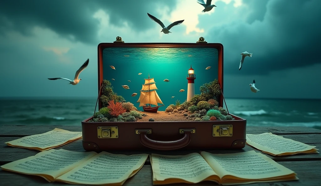 (Surreal photography:1.4) of a miniature seascape, with lighthouses and sailing ship, inside an open vintage suitcase, (underwater scene visible:1.3), dramatic clouds and seagulls, centered composition, on a table with sheet music, moody lighting, shot from a slight high angle, on a Canon EOS R5 with a 24-70mm f/2.8 lens at f/8, (high dynamic range:1.3), (teal and orange color grading:1.2), in the style of (Erik Johansson:1.4) and (Vladimir Kush:1.3)