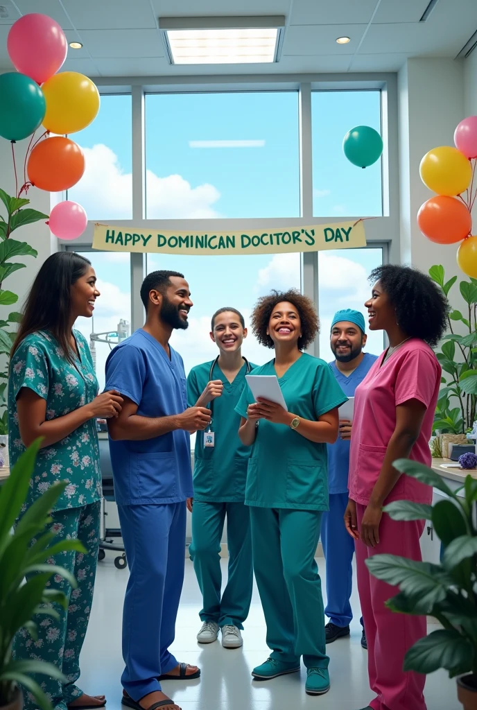 Create an image with many doctors in a hospital that says Happy Dominican Doctor's Day 