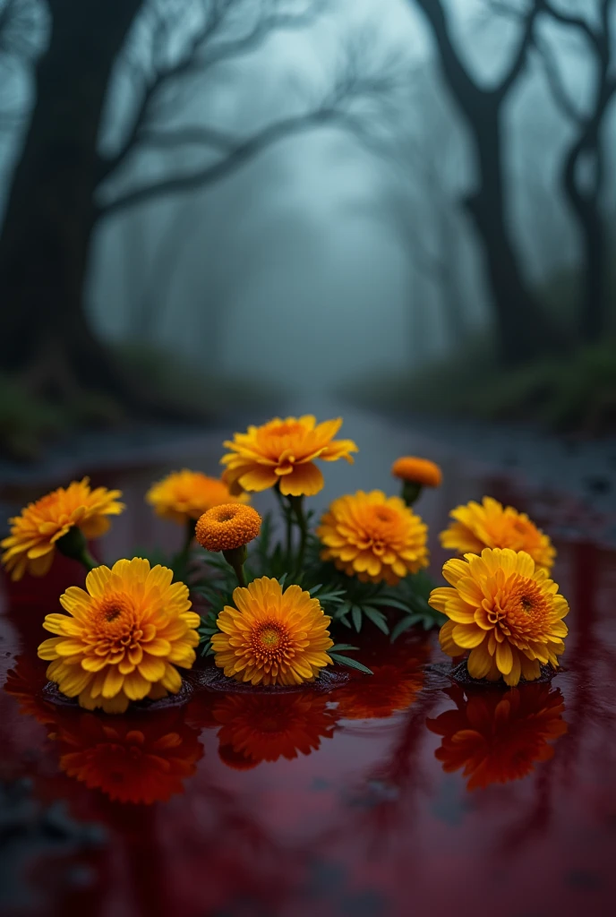 Seven yellow marigolds, only the color apart on the surface of a puddle of blood.