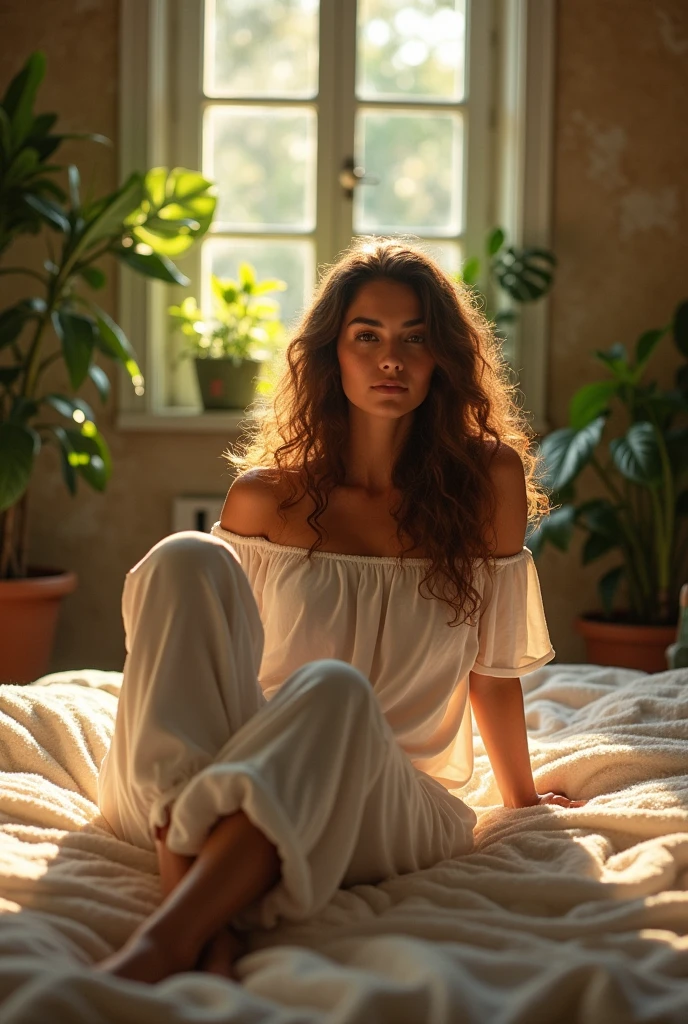 (photorealism:1.2), beautiful woman, sitting on bed, wearing loose off-shoulder top, pajama pants, long curly hair, indoors, soft lighting, plants in background, window with sunlight, cozy room, relaxed pose, realistic, intricate details, warm colors, by Greg Rutkowski, by Alphonse Mucha
