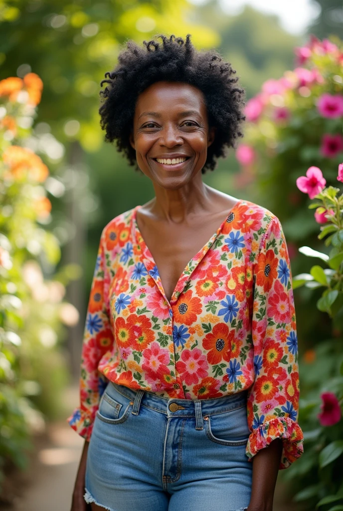 Old black woman with short black hair, brown eyes, a floral blouse and jean shorts