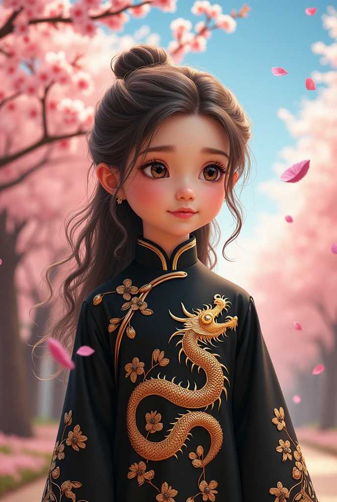 Je souhaite recevoir une image d'une fillette européenne avec une Qipao noire avec motifs de dragons.