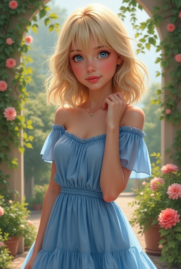 A teenage girl with blue eyes and shoulder-length blonde hair. With fringe and a blue dress. create in realistic style, make her look like a model