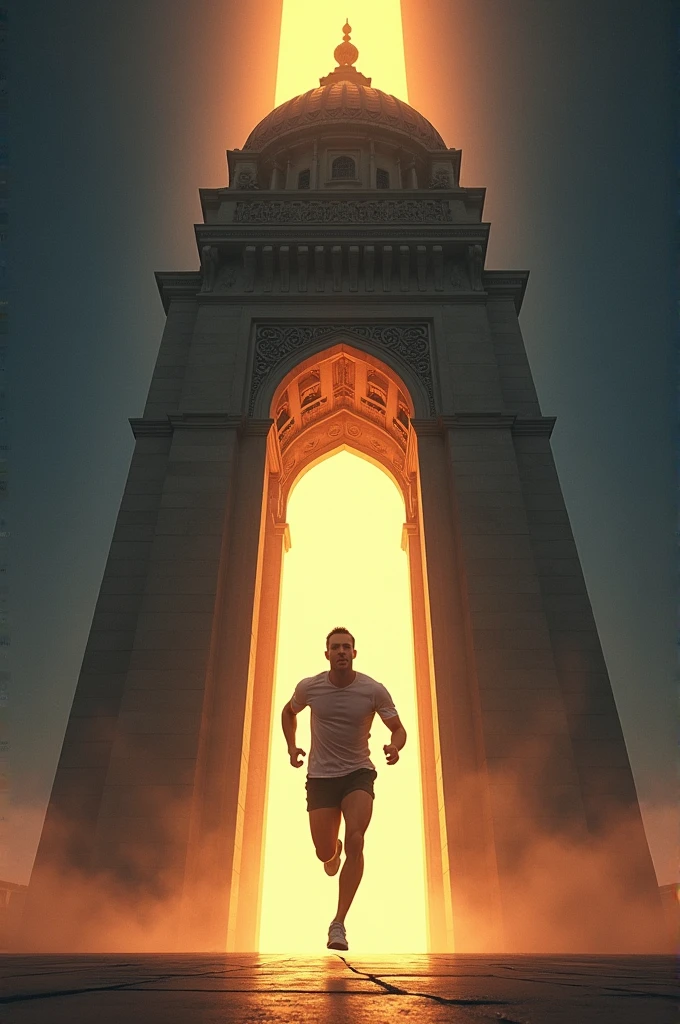 A stylized depiction of a man sprinting in front of a grand, illuminated monument. The monument has a domed structure at the top, with intricate carvings and a radiant light emanating from its center. The man is captured in mid-stride, with a dynamic pose, emphasizing motion. The background is dark, contrasting sharply with the brightly lit monument and the silhouette of the man.