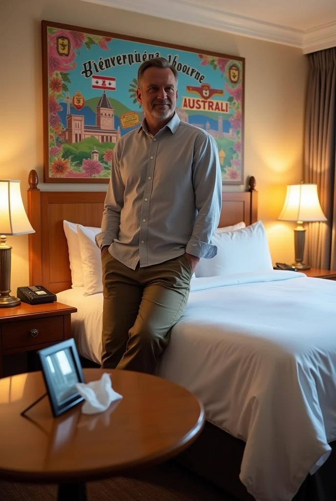 Homme caucasien grand de taille, charmant, un peu costaud, habillé en pantalon et tee-shirt manche longue, assis ou adossé sur une table dans une grande chambre d'hôtel et sur la table sur laquelle est assis ou adossé le charmant homme il faut qu'il y ait un papier mouchoir déjà utilisé sur la table et sur le lit de l'hôtel qu'il soit déposer un cadre photo grand ou moyen qu'il est possible de faire arrêter sur le lit et faire face à la caméra et sur le mur du chevet du lit un tableau sur lequel il est écrit en français : Bienvenue à Melbourne AUSTRALIE et autour de la phrase qu'il y ait les emblèmes du Canada Québec ou le drapeau du Canada Québec