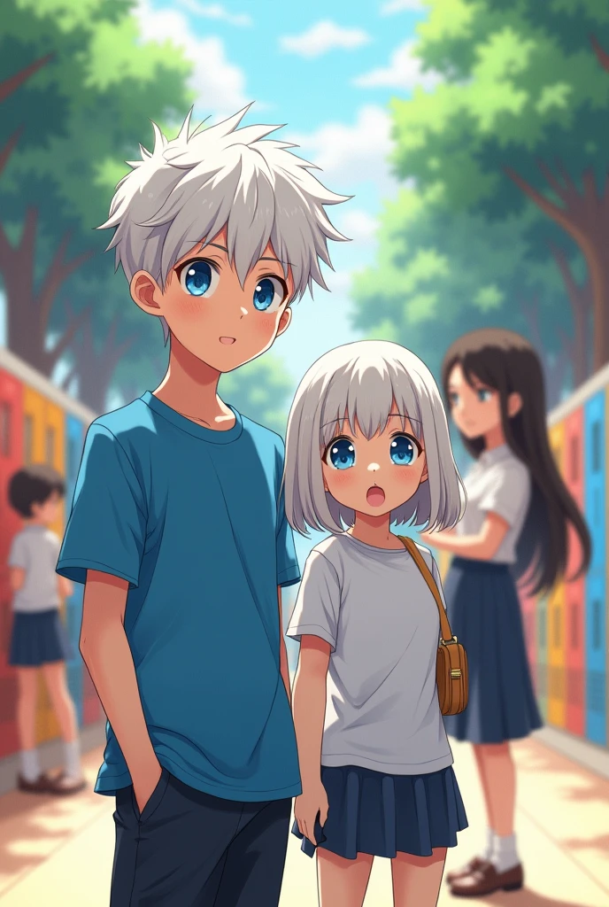 Make an image: Make a white-haired, white-skinned child, blue eyes and Japanese descent, male anime character wearing a blue shirt, a 13-year-old child in school with his sister who looks like him and a woman