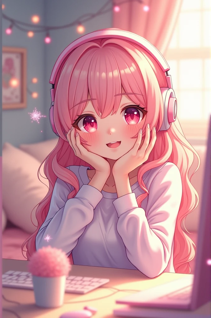 Create a 2D image of a cute anime girl smiling with light pink hair doing ASMR 