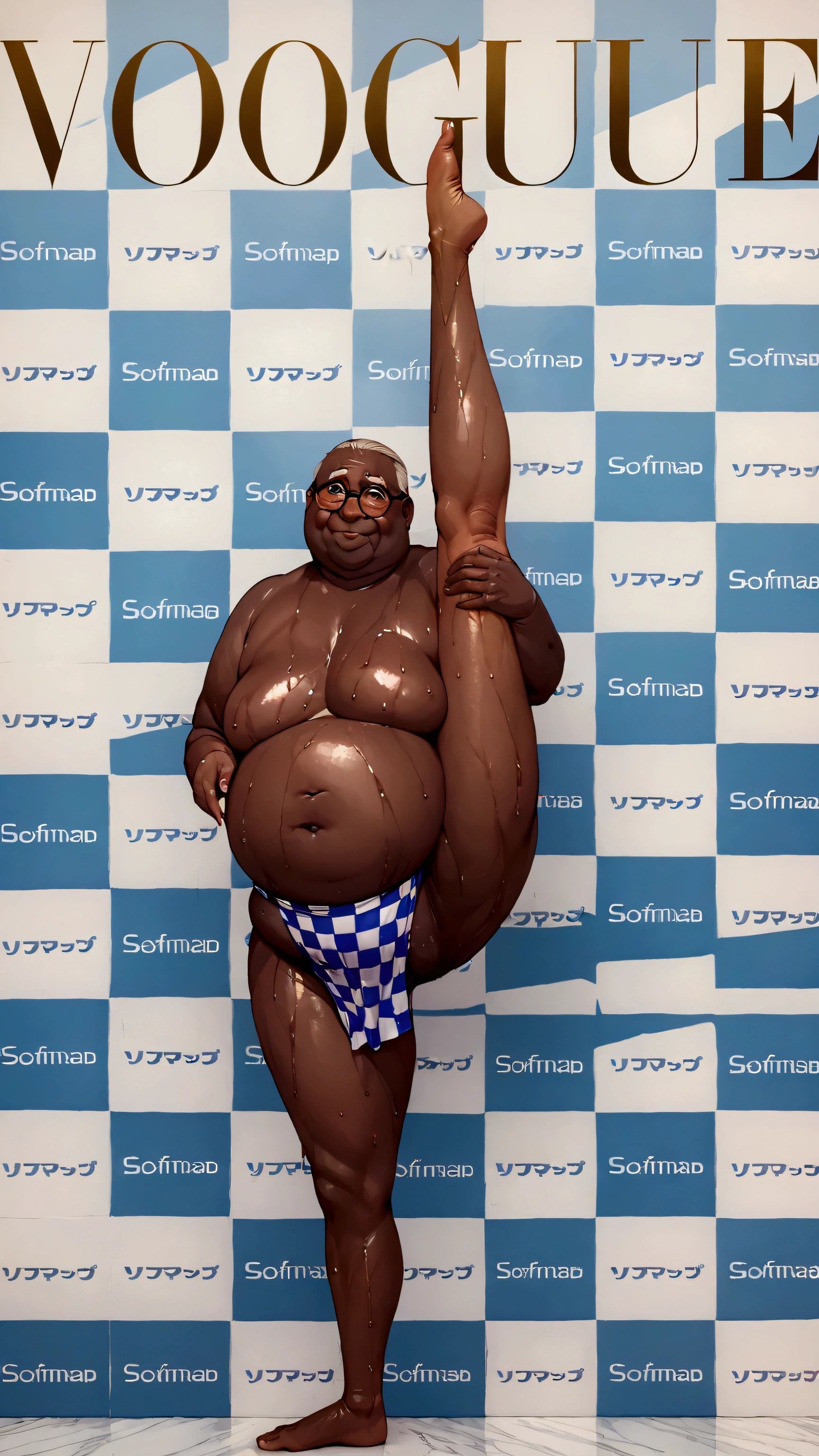 (Fat old man wearing glasses:1.3),Brown Skin,masterpiece, Highest quality, Ultra-high resolution,rich contrast,super high quality,8k,Highly detailed CG unit wallpaper,texture,Incredibly absurd,Ultra-high resolution,RAW Photos,Blue and white checked loincloth,(((Wet))),blush,1boy,reinokabe, checkered wall, english text, checkered background,topless,(look up:1.3),Serious,smile,vogue,(((Are standing_Split)))