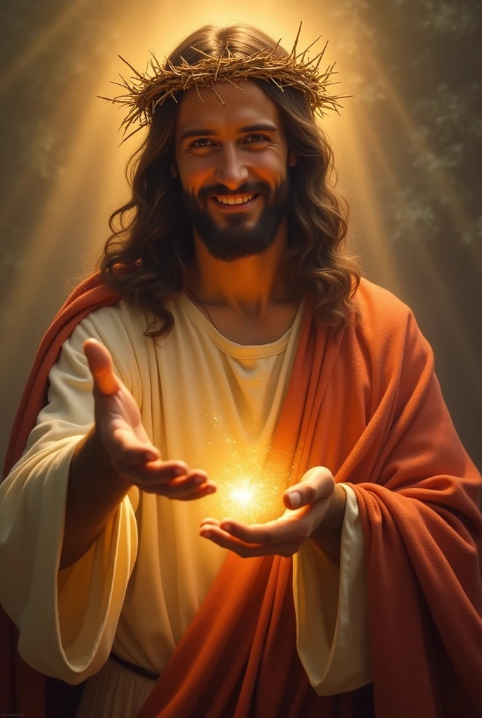 "Jesus Christ wearing a crown of thorns, with a warm and gentle smile on His face, reaching out His hand as if inviting or calling. His expression is full of love and kindness, radiating a welcoming and compassionate presence. The background is softly illuminated with a gentle light, enhancing the feeling of divine invitation and warmth."