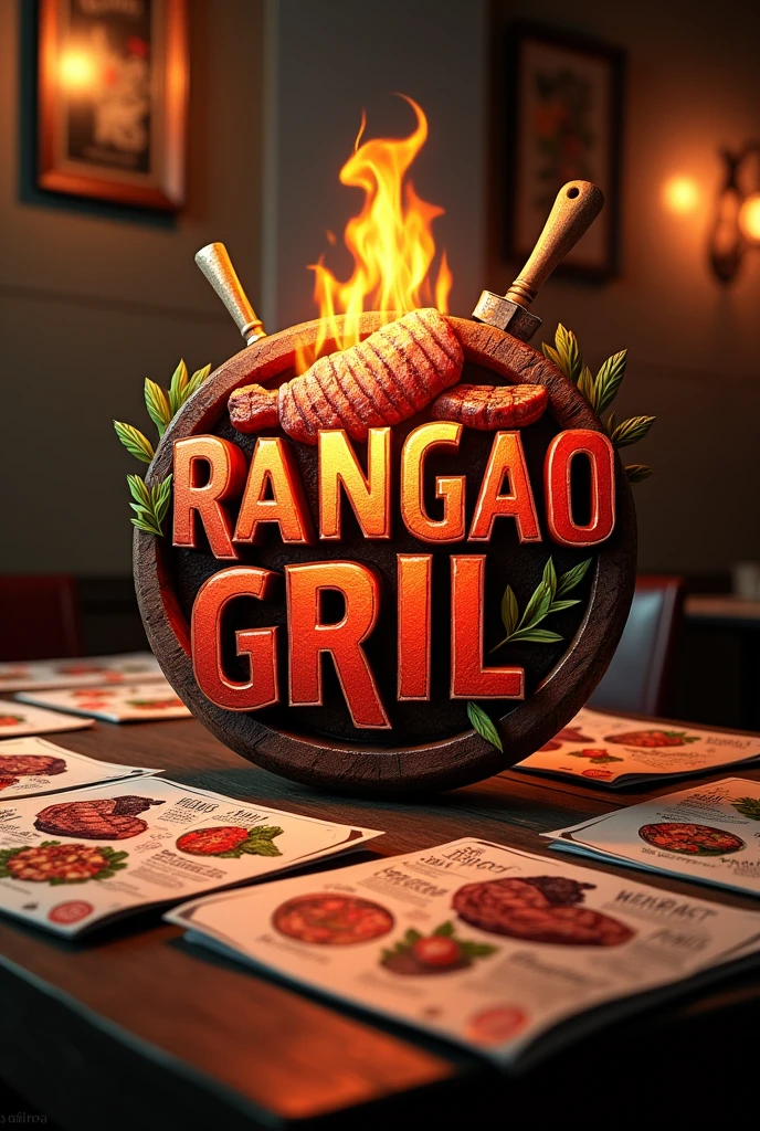 Create a 3D brand logo "RANGAO GRIL" restaurant and steakhouse, images of succulent grilled meat, with designs of various food menus