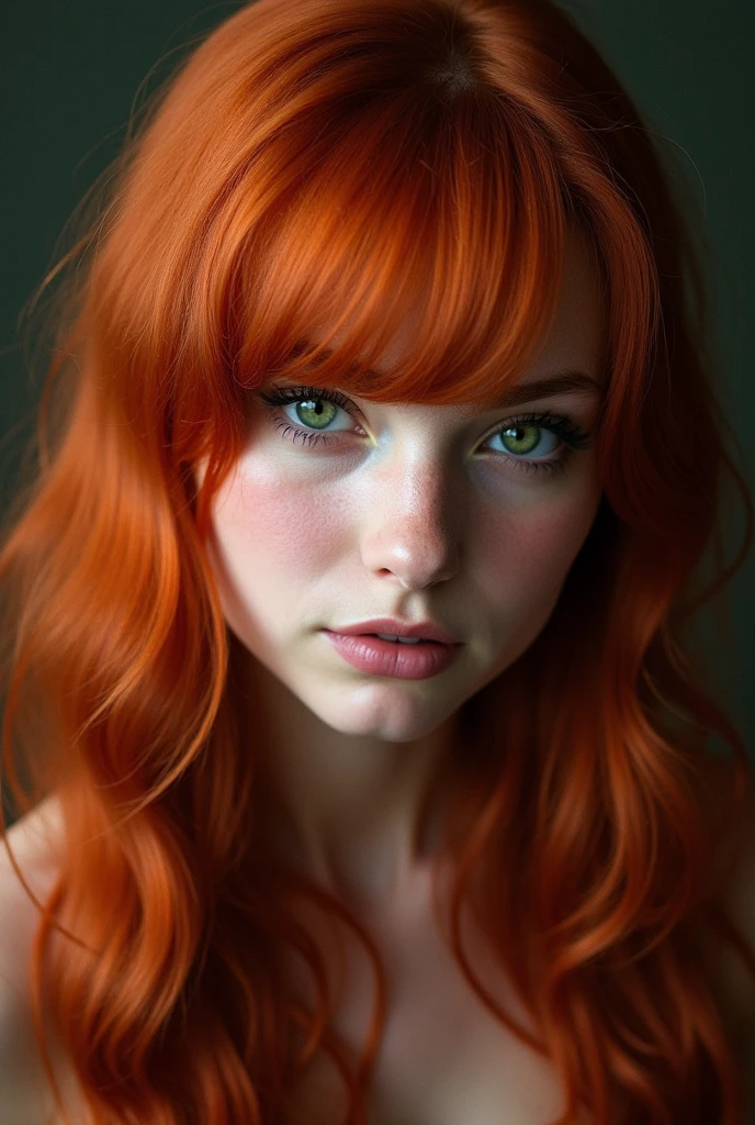 red hair , green eyes , sking maches the hair .