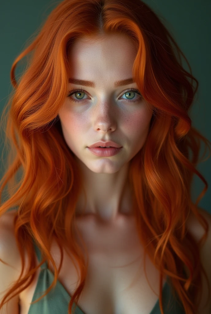 red hair , green eyes , sking maches the hair .