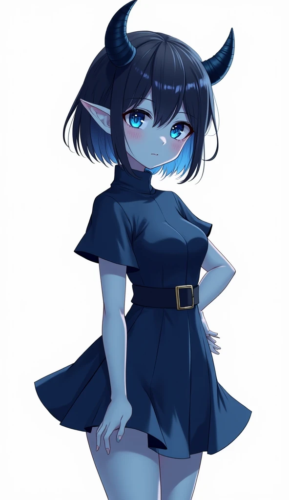 score_9, score_8_up, score_7_up,((best quality)), absurdnes, ((best quality)), CoquelinePXL, 1 femboy, feminine male, adult, 20 years old, black pupil, glowing blue iris, black sclera, blue skin, short peekaboo style hair((white outside, black inside)), pointy elf ears, bluish-black short demon horns, azure blue demon tail, white empire waist dress, mini skirt, sleeveless, turtle neck, solid white background, solo, hand on waist, looking at viewer, big ass, flat chest, no clevage, anime inspired art