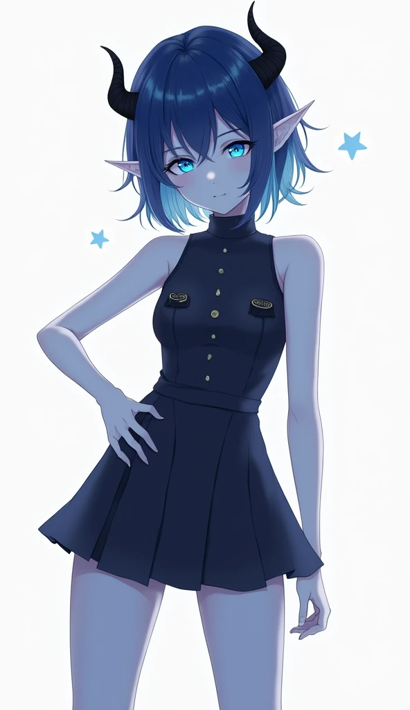 score_9, score_8_up, score_7_up,((best quality)), absurdnes, ((best quality)), CoquelinePXL, 1 femboy, feminine male, adult, 20 years old, black pupil, glowing blue iris, black sclera, blue skin, short peekaboo style hair((white outside, black inside)), pointy elf ears, bluish-black short demon horns, azure blue demon tail, white empire waist dress, mini skirt, sleeveless, turtle neck, solid white background, solo, hand on waist, looking at viewer, big ass, flat chest, no clevage, anime inspired art