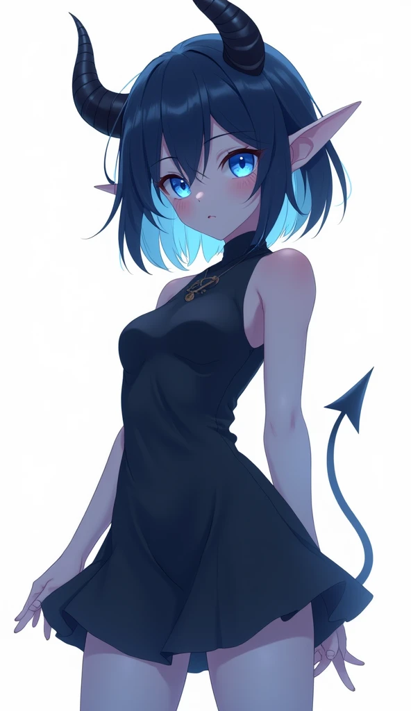 score_9, score_8_up, score_7_up,((best quality)), absurdnes, ((best quality)), CoquelinePXL, 1 femboy, feminine male, adult, 20 years old, black pupil, glowing blue iris, black sclera, blue skin, short peekaboo style hair((white outside, black inside)), pointy elf ears, bluish-black short demon horns, azure blue demon tail, white empire waist dress, mini skirt, sleeveless, turtle neck, solid white background, solo, hand on waist, looking at viewer, big ass, flat chest, no clevage, anime inspired art