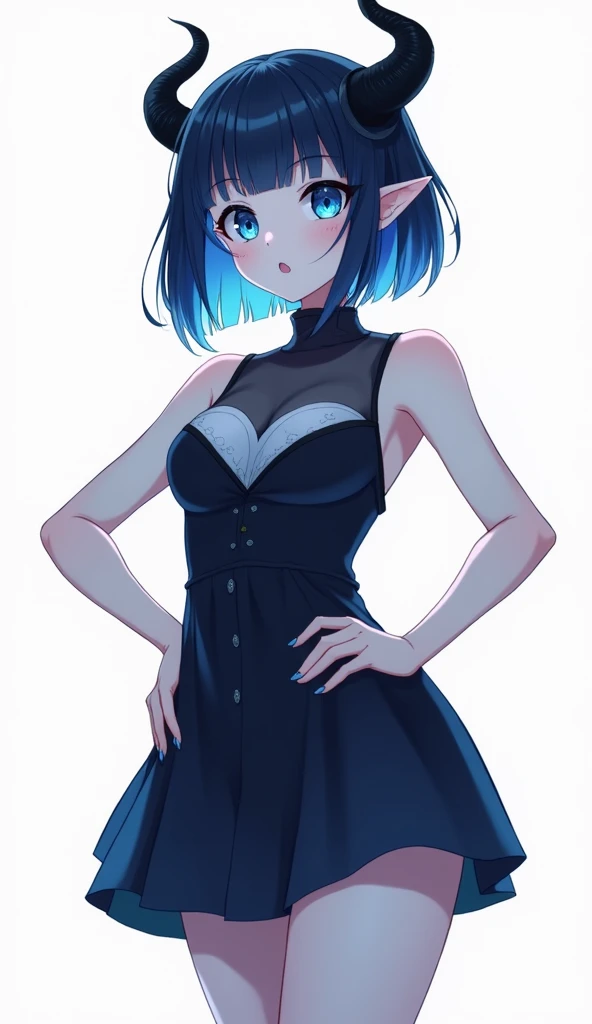 score_9, score_8_up, score_7_up,((best quality)), absurdnes, ((best quality)), CoquelinePXL, 1 femboy, feminine male, adult, 20 years old, black pupil, glowing blue iris, black sclera, blue skin, short peekaboo style hair((white outside, black inside)), pointy elf ears, bluish-black short demon horns, azure blue demon tail, white empire waist dress, mini skirt, sleeveless, turtle neck, solid white background, solo, hand on waist, looking at viewer, big ass, flat chest, no clevage, anime inspired art