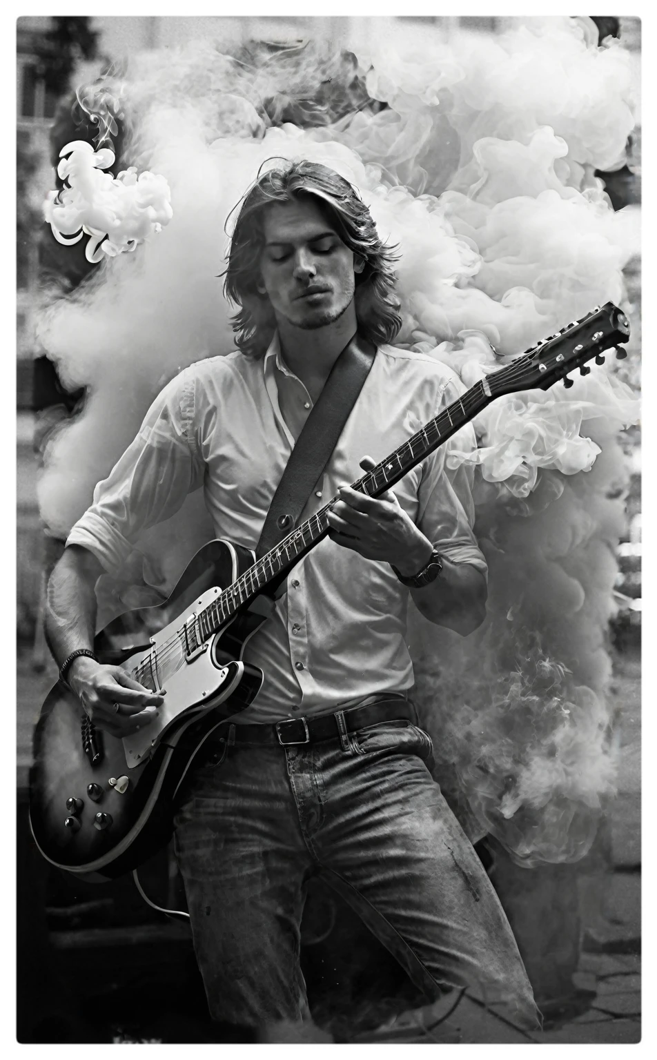 naughty man, guitar, Smoke and colored fire