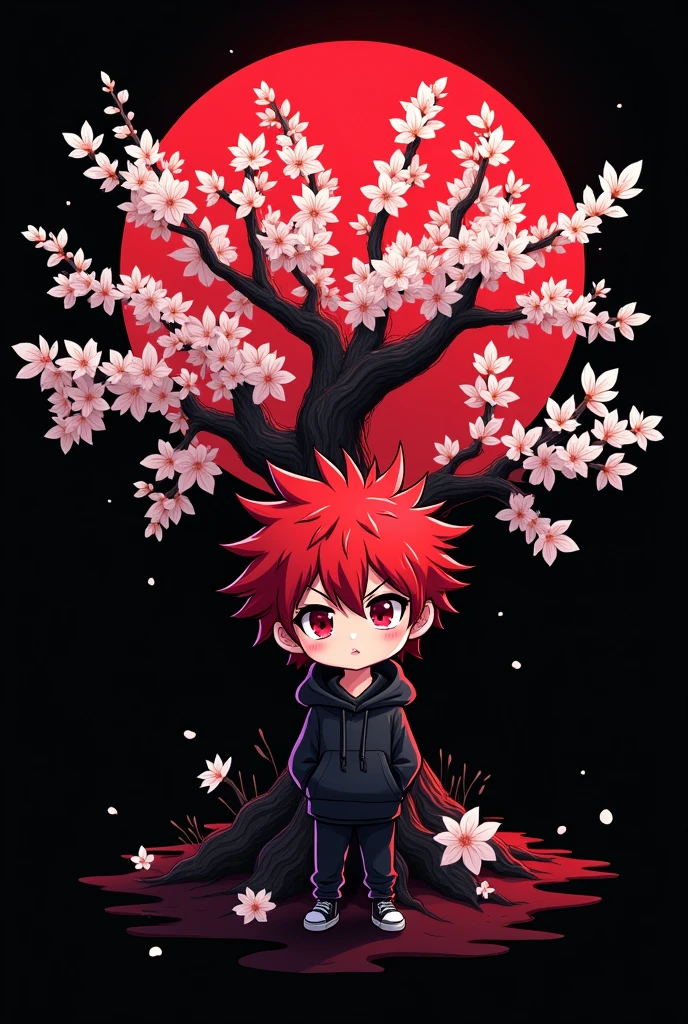 logo ,Blossom tree theme , White font , black background , Blood red colour , Anime boy involved , Spiky hair , black hoodie , red eyes , narrowed eye , chibi version
