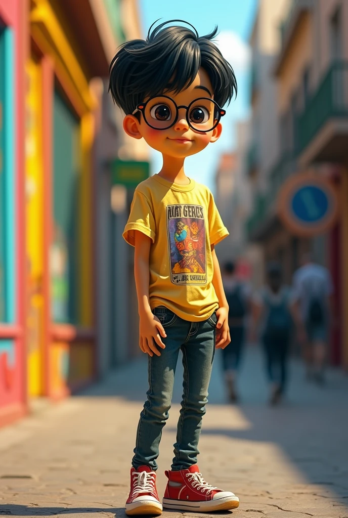Create a drawing of a boy with black hair and black eyes, yellow skin and glasses, high, skinny