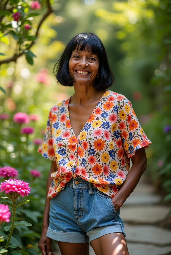 Old black woman with short straight black hair, brown eyes, flower blouse and denim shorts.