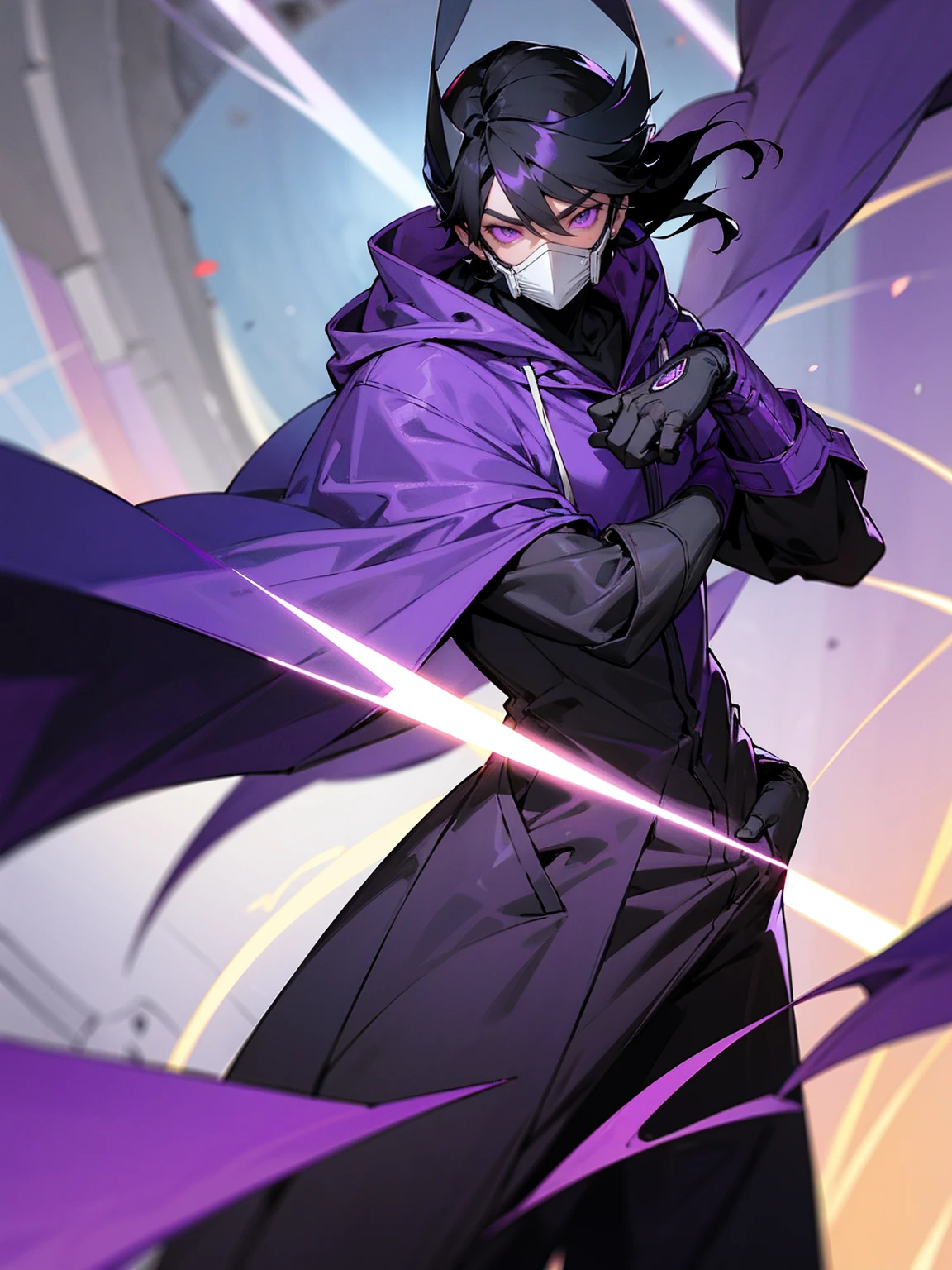 1male, black hair, purple visor, purple eyes, cape, hood over head, full robot mask, purple speed suit, facing viewer, road, city, purple cloak, masterpiece quality, beanie, hands in pocket