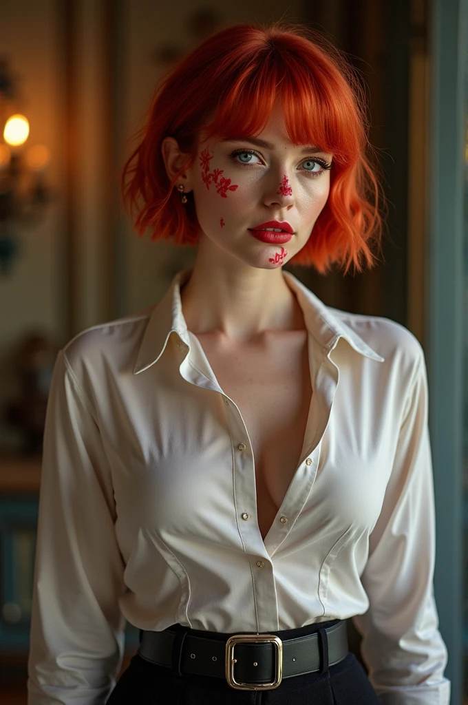 Beuty women with a sexy shirt, big breast, using red blossom mouth, blue eyes, short red hair