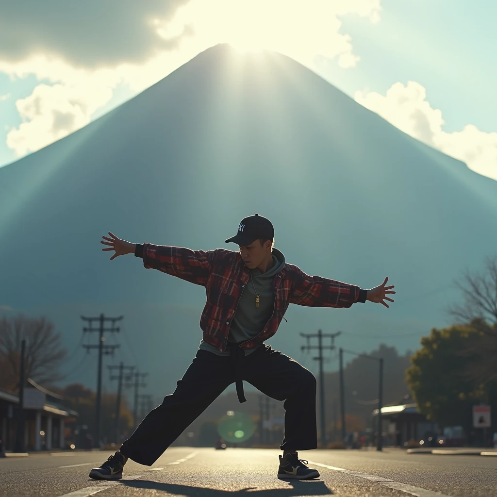 Japanese Bboy dressed in hip hop clothes, performing a breakdance freeze in front of Mount Fuji, with the volcano in sharp focus and the background blurred, creating a cinematic atmosphere. The bboy's pose should convey strength and dynamism, contrasting with the serenity of the mountain. dramatic lighting, with sun rays hitting the bboy and Mount Fuji, Enhancing the Scene. Visual Style: アニメ, cinematographic, realisitic.