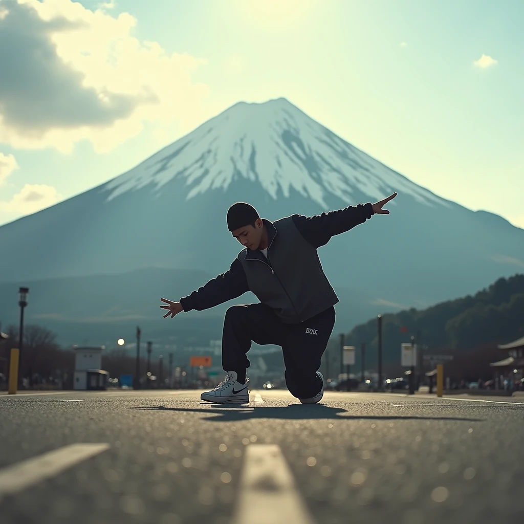 Japanese Bboy dressed in hip hop clothes, performing a breakdance freeze in front of Mount Fuji, with the volcano in sharp focus and the background blurred, creating a cinematic atmosphere. The bboy's pose should convey strength and dynamism, contrasting with the serenity of the mountain. dramatic lighting, with sun rays hitting the bboy and Mount Fuji, Enhancing the Scene. Visual Style: アニメ, cinematographic, realisitic.