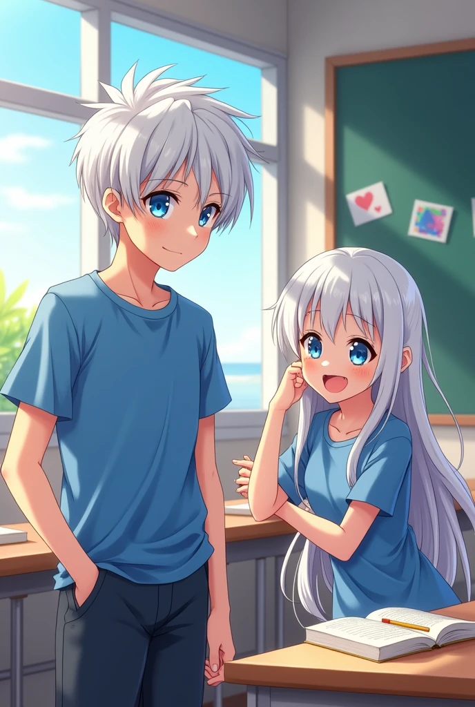 Make an image: Make a white-haired, white-skinned child, blue eyes and Japanese descent, male anime character wearing a blue shirt, a 13-year-old child in school with his sister who looks like him and a woman  
 
