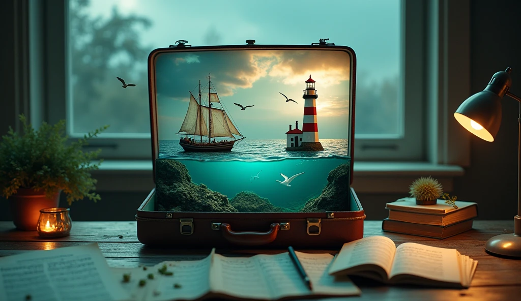(Surreal photography:1.4) of a miniature seascape, with lighthouses and sailing ship, inside an open vintage suitcase, (underwater scene visible:1.3), dramatic clouds and seagulls, centered composition, on a table with sheet music, moody lighting, shot from a slight high angle, on a Cn EOS R5 with a 24-70mm f/2.8 lens at f/8, (high dynamic range:1.3), (teal and orange color grading:1.2), in the style of (Erik Johansson:1.4) and (Vladimir Kush:1.3)