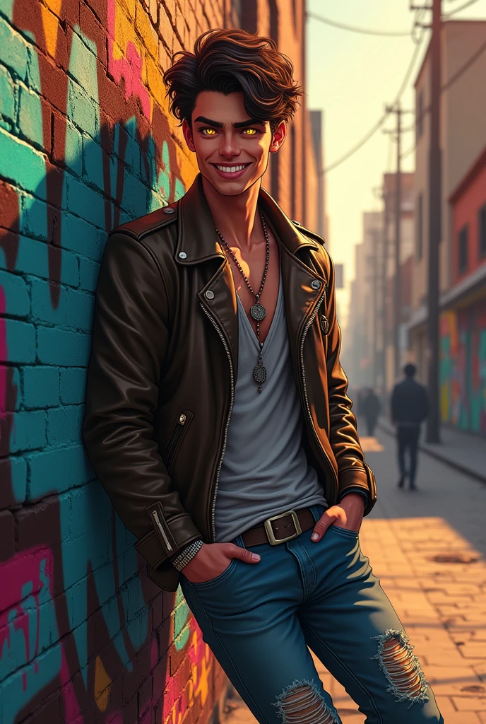 make a fanart drawing, naughty man, brunette skin, yellow eyes