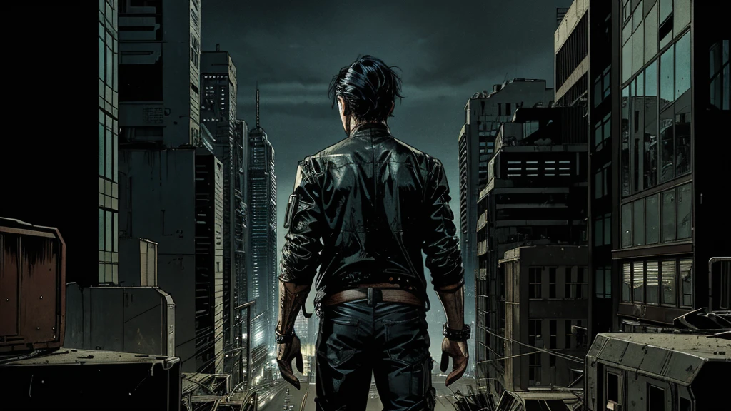 Thin man, black hair wearing dirty and torn clothes, looking at the horizon, in a futuristic/cyberpunk city, cinematic lighting, vanishing point, wide shot, from behind, atmospheric perspective, perspective, sideways, Comics Americans, UHD, masterpiece, accurate, anatomically correct, textured skin, super detail, high details, high quality, award winning, best quality, highres