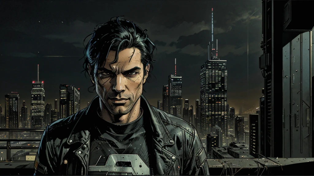 Thin man, black hair wearing dirty and torn clothes, looking at the horizon, in a futuristic/cyberpunk city, cinematic lighting, vanishing point, wide shot, from behind, atmospheric perspective, perspective, sideways, Comics Americans, UHD, masterpiece, accurate, anatomically correct, textured skin, super detail, high details, high quality, award winning, best quality, highres