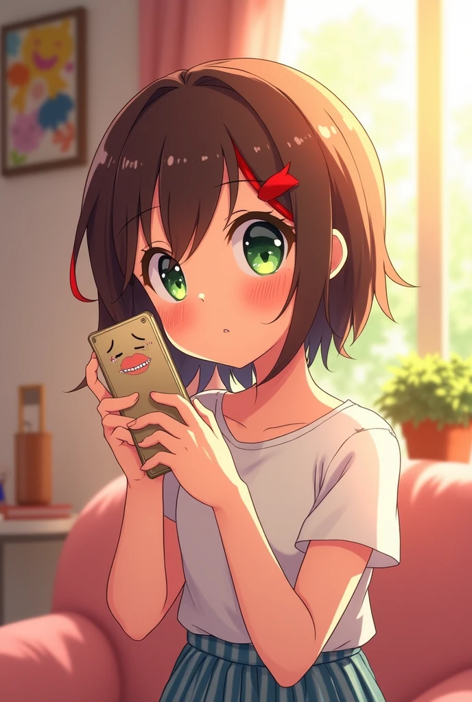 A short-haired brown anime girl with two red streaks on the sides, green eyes, chubby but not too much, flat and short, naked, and blushing while on a call with a man.