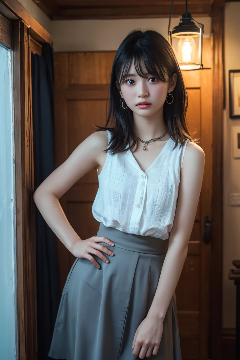 (Highest quality:1.4)，(masterpiece:1.4)，(Realistic:1.4)，(Realistic:1.2)，(超High resolution， RAW Photos:1.4)，(High resolution， Ultra-detailed:1.2)，(8k:1.2)，View your viewers，Cinematic photography，One person，skeletally correct，Black-haired woman，Woman in her early 20s，(Small earrings，necklace，２Tiered ruffle sleeveless，Long skirt)，（Western-style building interior，Dimly lit room，The lamplight shines on my cheeks）